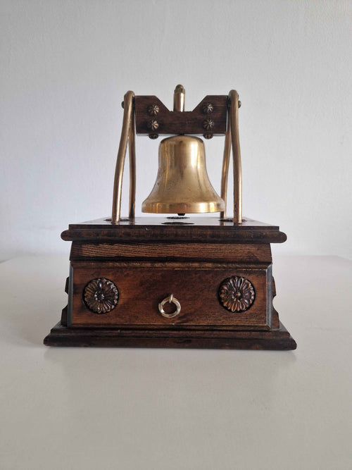 Antique Victorian Desk Bell with Drawer Brass Bell Carved Oak Plinth Butler's Table Bell 10cm