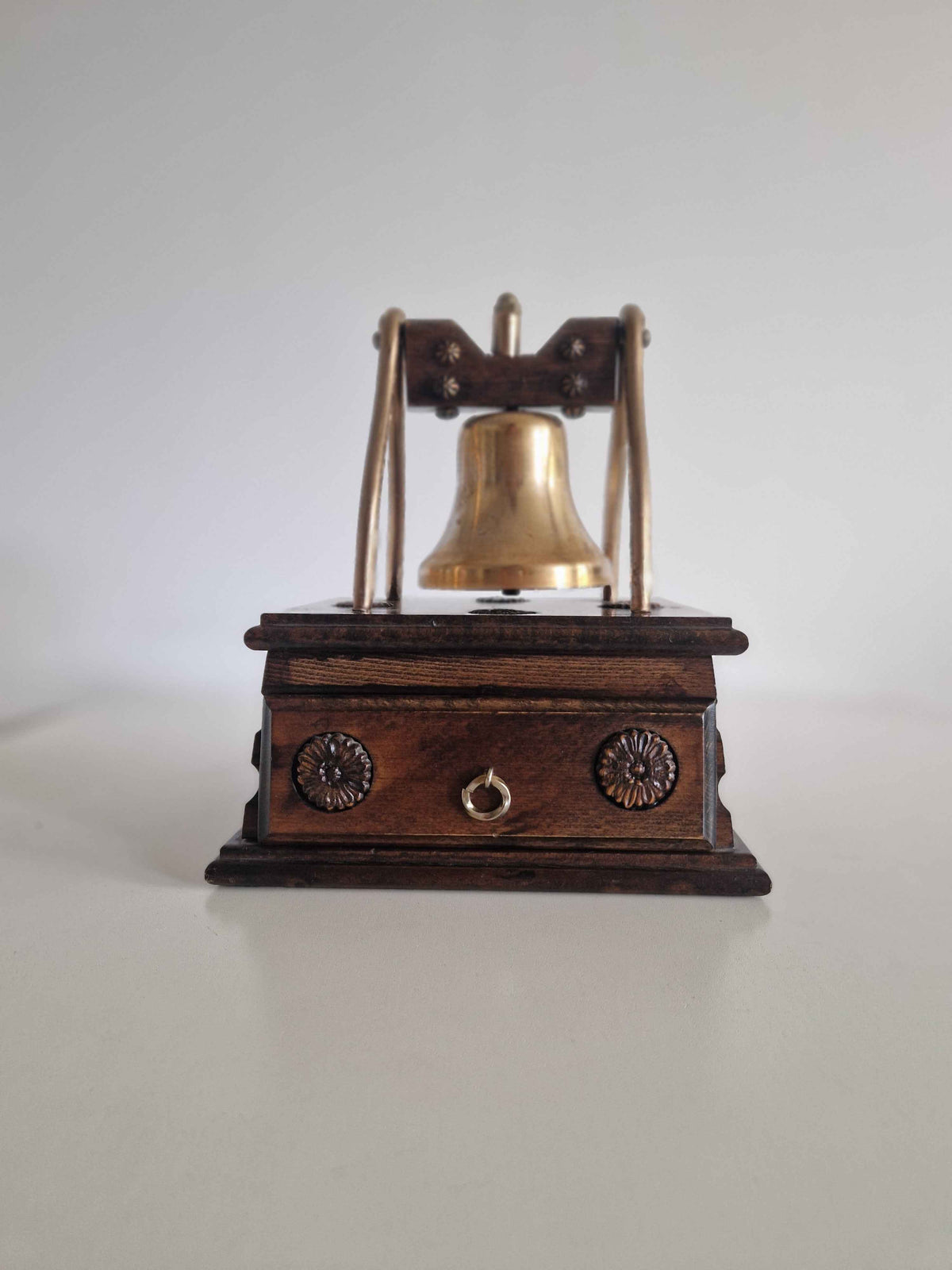 Antique Victorian Desk Bell with Drawer Brass Bell Carved Oak Plinth Butler's Table Bell 10cm