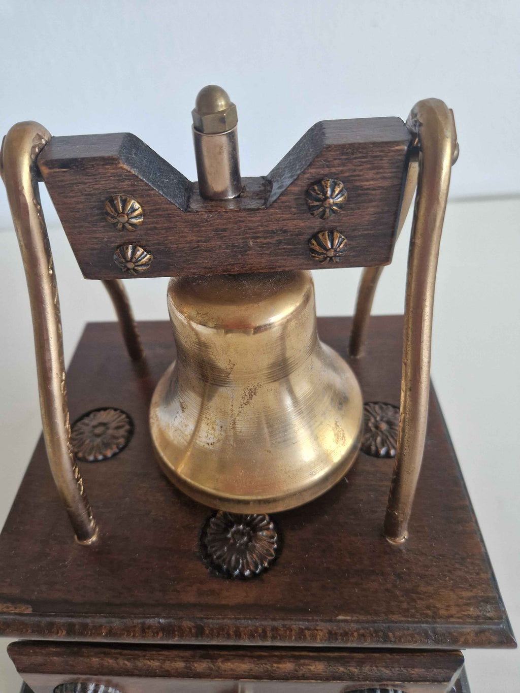 Antique Victorian Desk Bell with Drawer Brass Bell Carved Oak Plinth Butler's Table Bell 10cm