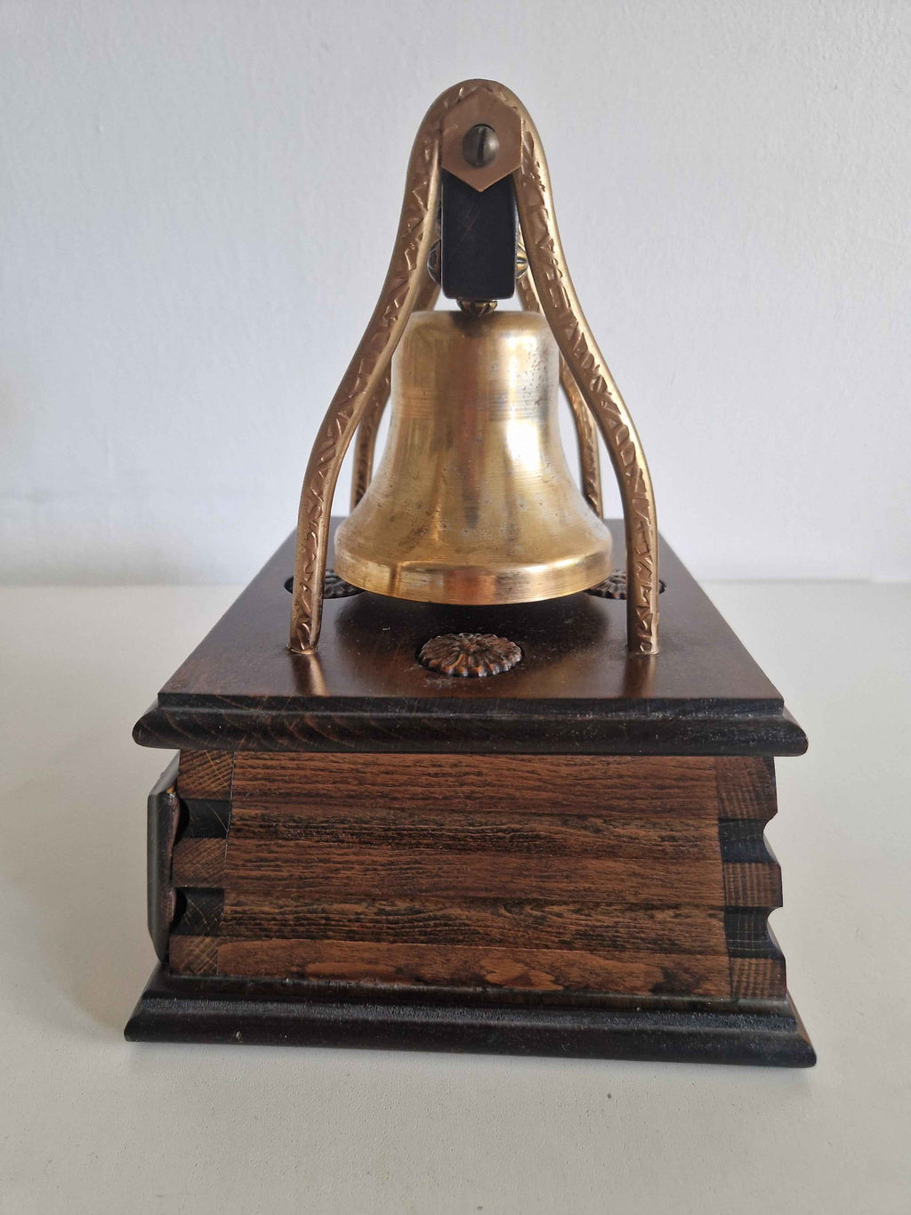 Antique Victorian Desk Bell with Drawer Brass Bell Carved Oak Plinth Butler's Table Bell 10cm