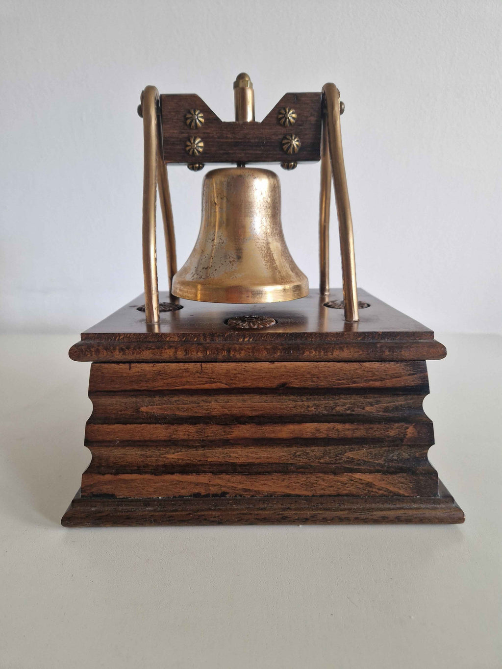 Antique Victorian Desk Bell with Drawer Brass Bell Carved Oak Plinth Butler's Table Bell 10cm