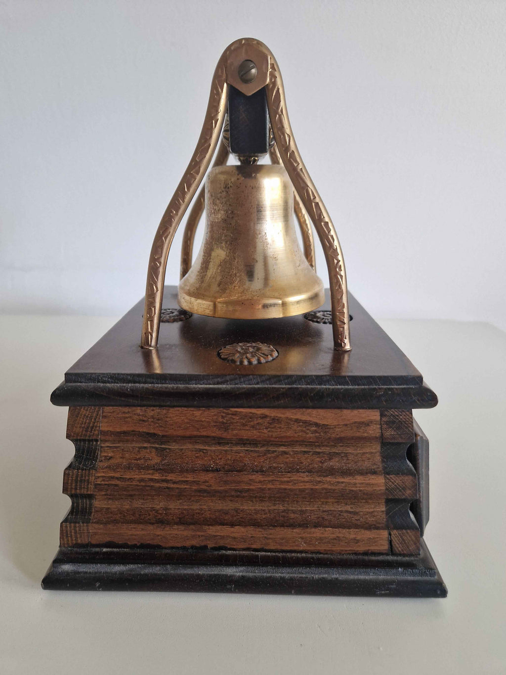 Antique Victorian Desk Bell with Drawer Brass Bell Carved Oak Plinth Butler's Table Bell 10cm