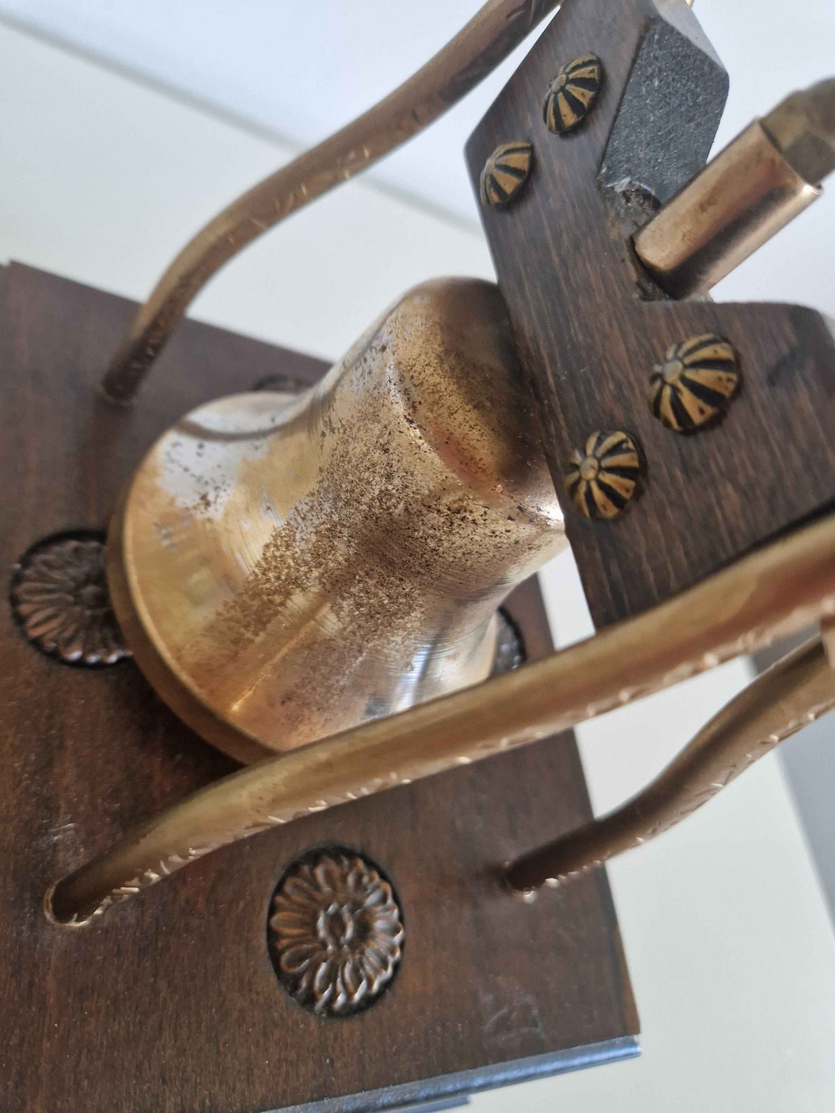 Antique Victorian Desk Bell with Drawer Brass Bell Carved Oak Plinth Butler's Table Bell 10cm