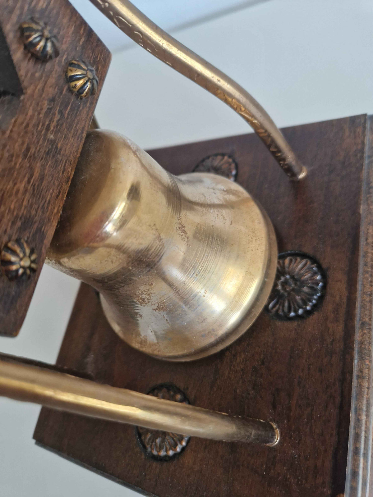 Antique Victorian Desk Bell with Drawer Brass Bell Carved Oak Plinth Butler's Table Bell 10cm