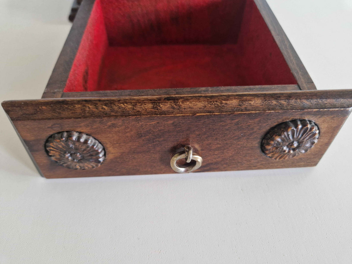 Antique Victorian Desk Bell with Drawer Brass Bell Carved Oak Plinth Butler's Table Bell 10cm