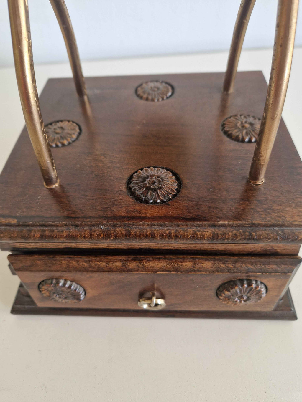 Antique Victorian Desk Bell with Drawer Brass Bell Carved Oak Plinth Butler's Table Bell 10cm