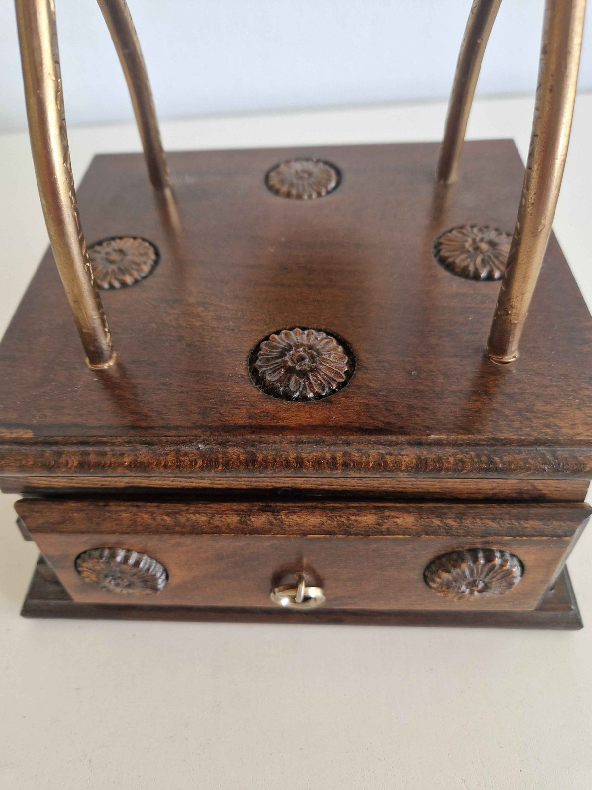 Antique Victorian Desk Bell with Drawer Brass Bell Carved Oak Plinth Butler's Table Bell 10cm