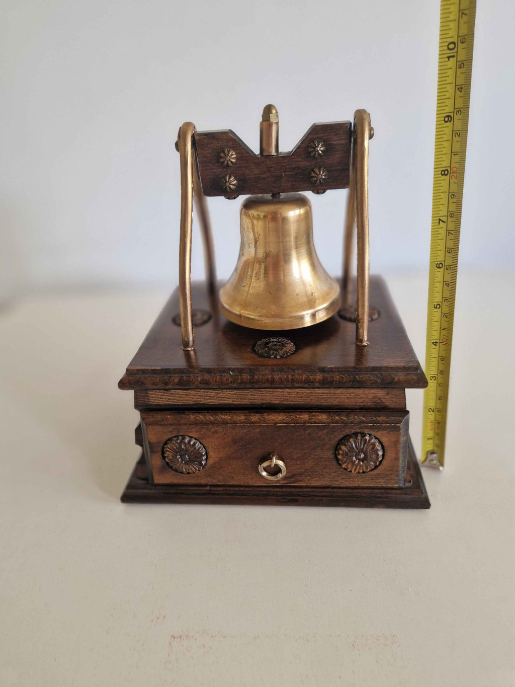 Antique Victorian Desk Bell with Drawer Brass Bell Carved Oak Plinth Butler's Table Bell 10cm