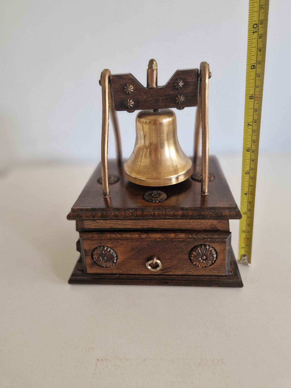 Antique Victorian Desk Bell with Drawer Brass Bell Carved Oak Plinth Butler's Table Bell 10cm