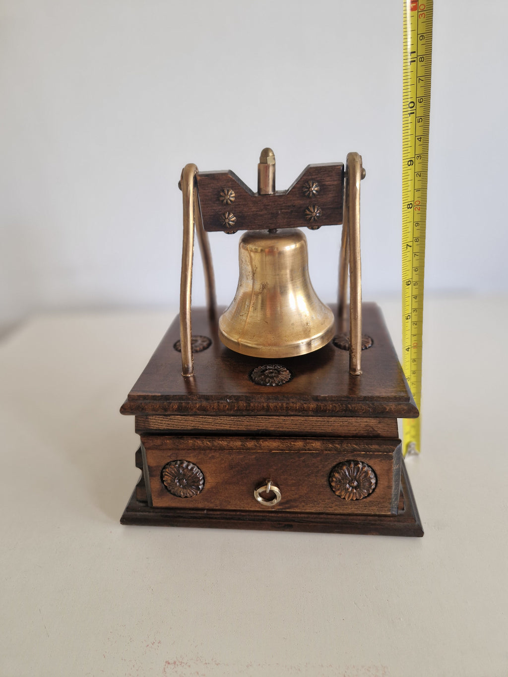 Antique Victorian Desk Bell with Drawer Brass Bell Carved Oak Plinth Butler's Table Bell 10cm - WhisperTreasuresCo