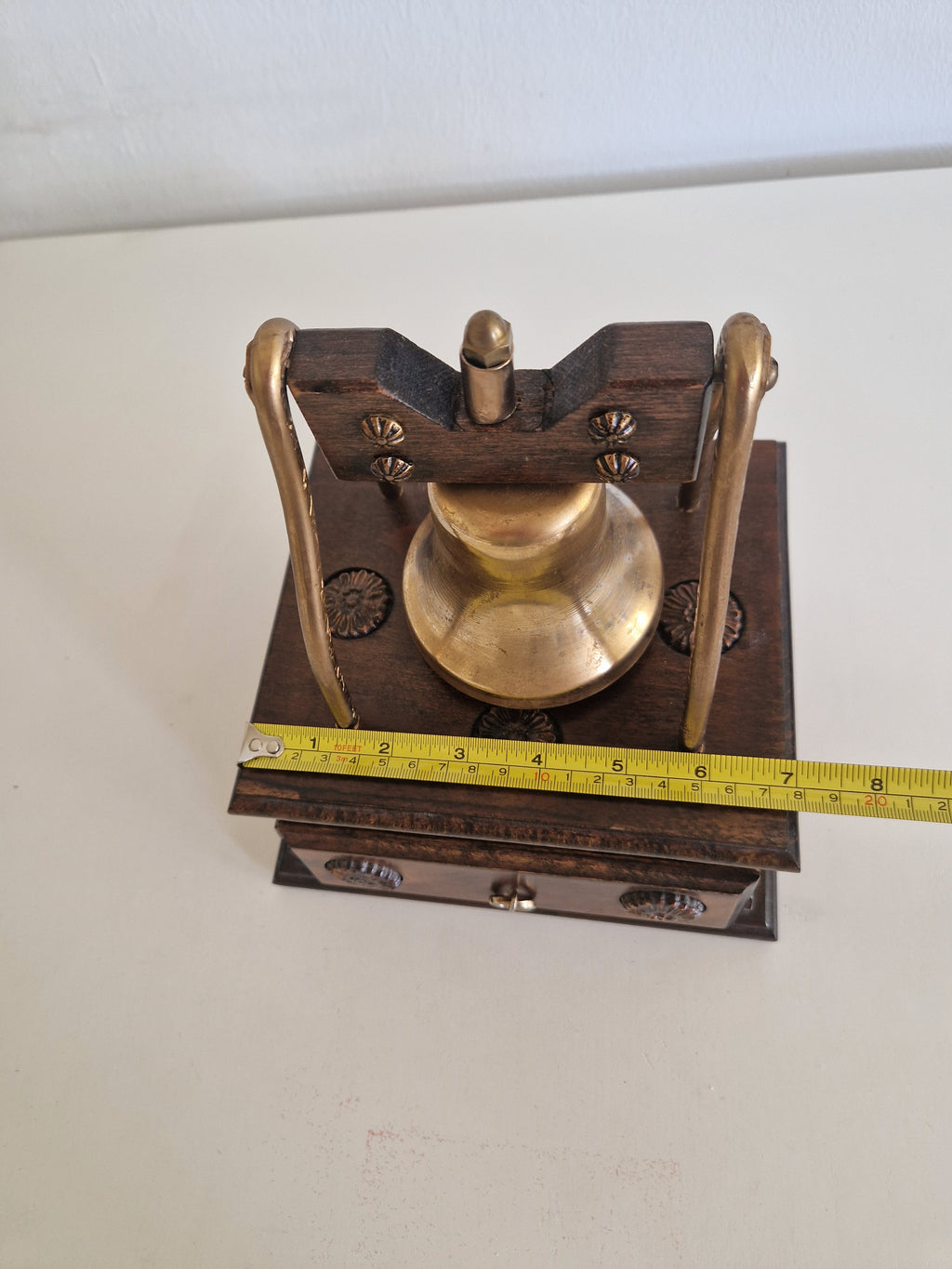 Antique Victorian Desk Bell with Drawer Brass Bell Carved Oak Plinth Butler's Table Bell 10cm - WhisperTreasuresCo