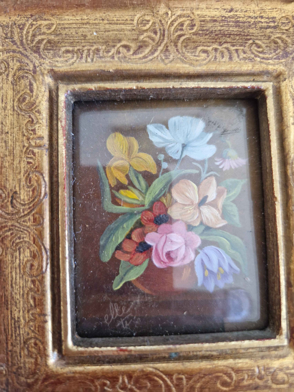 Antique Miniature Floral Paintings in Ornate Gilt Frames: A Touch of Timeless Elegance