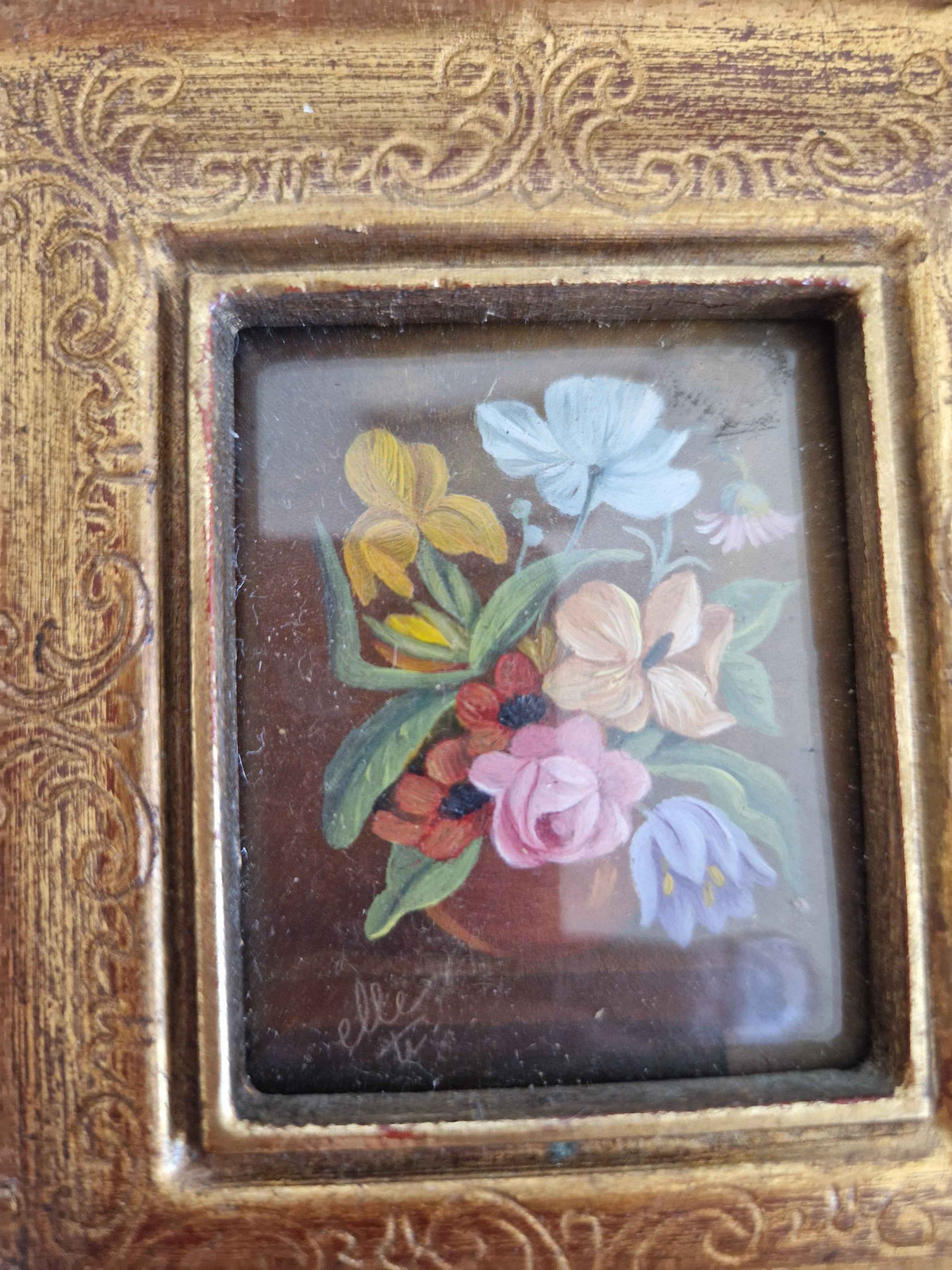 Antique Miniature Floral Paintings in Ornate Gilt Frames: A Touch of Timeless Elegance