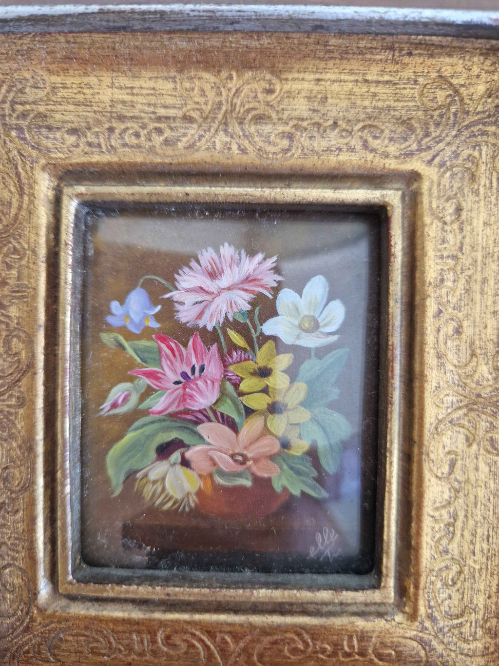 Antique Miniature Floral Paintings in Ornate Gilt Frames: A Touch of Timeless Elegance