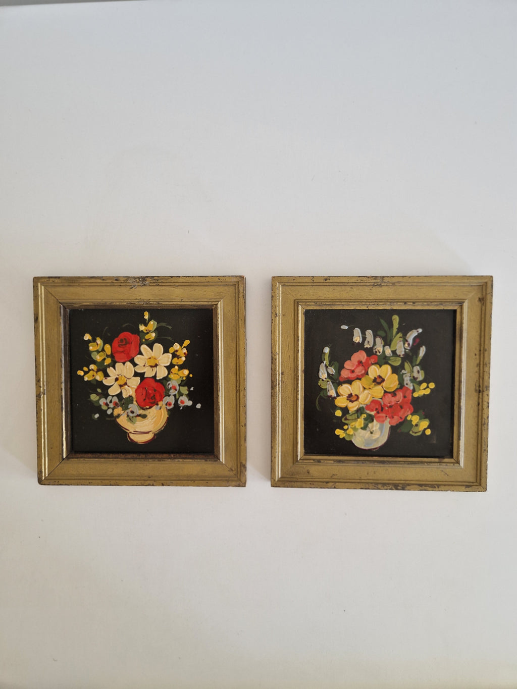 Charming Hand-Painted Floral Art Pair in Elegant Gold-Tone Frames