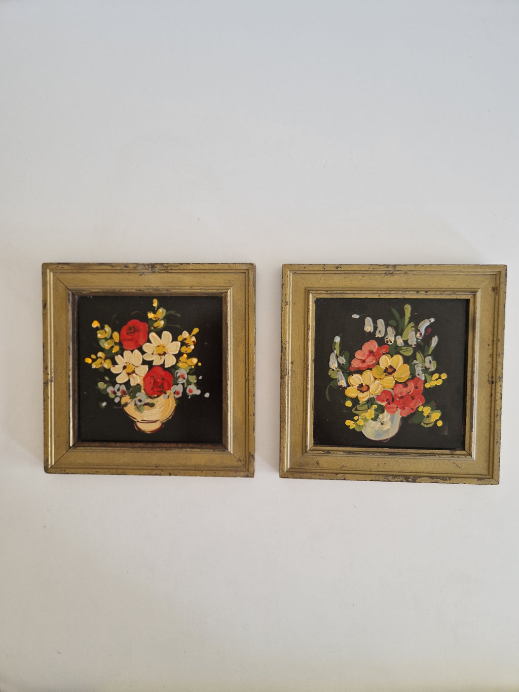 Charming Hand-Painted Floral Art Pair in Elegant Gold-Tone Frames