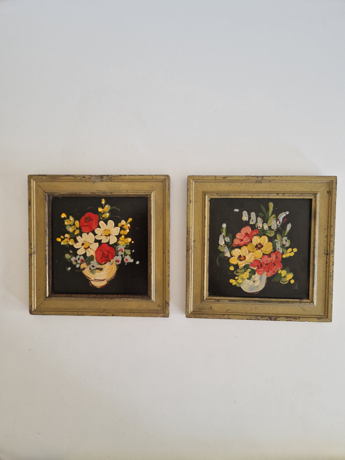 Charming Hand-Painted Floral Art Pair in Elegant Gold-Tone Frames