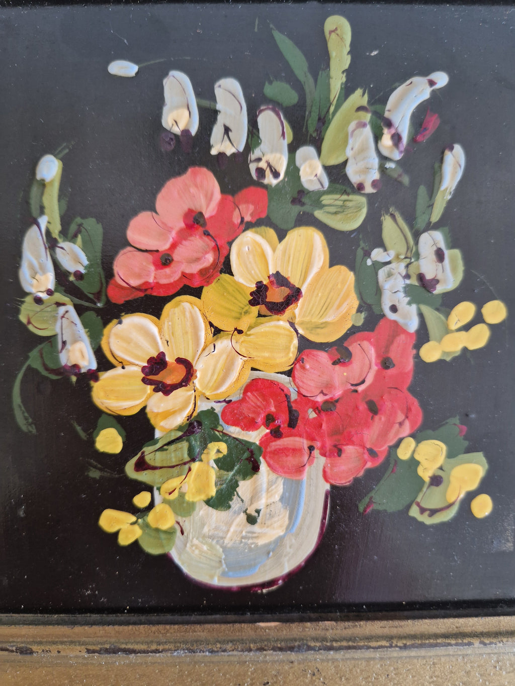 Charming Hand-Painted Floral Art Pair in Elegant Gold-Tone Frames