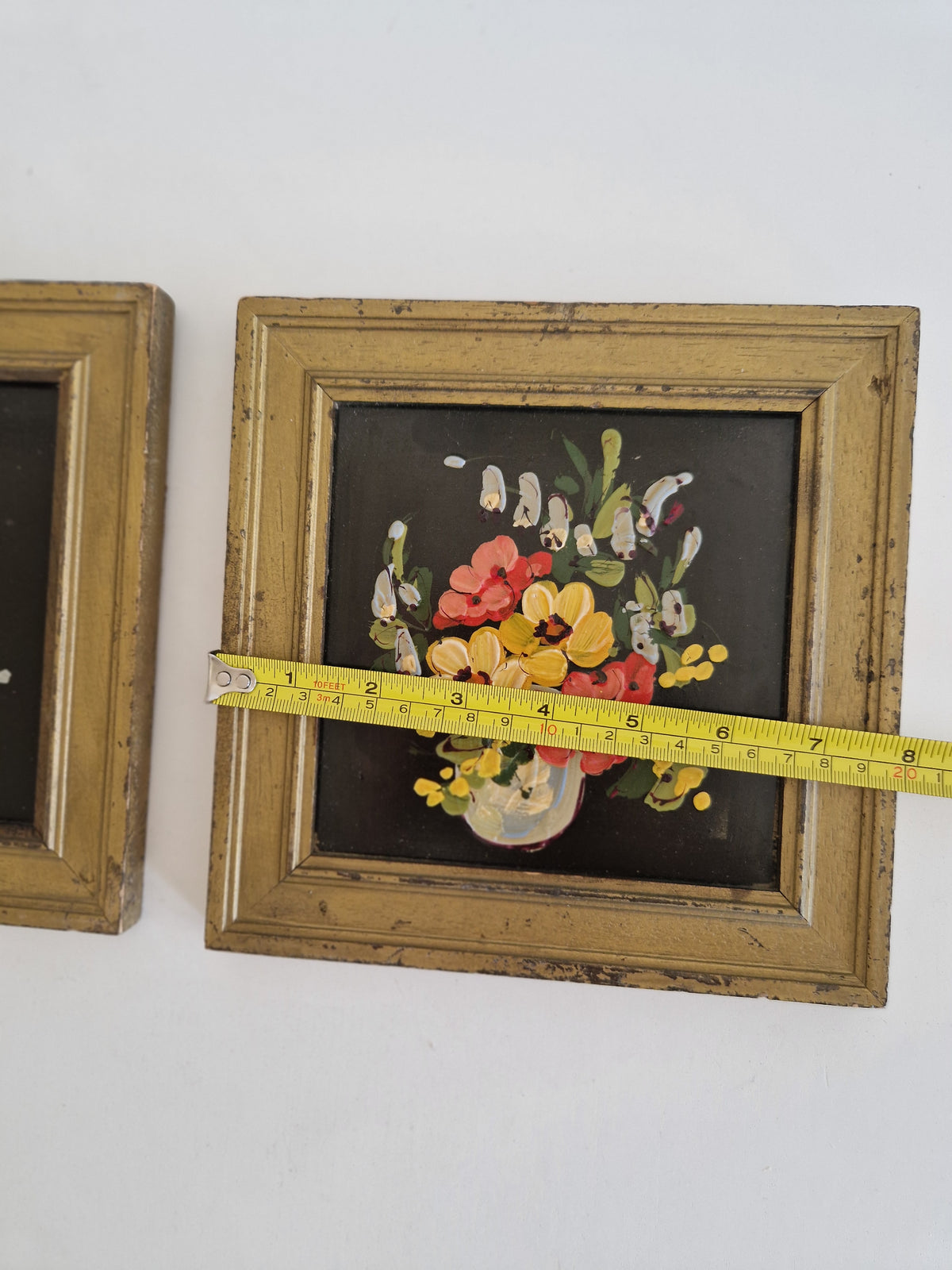 Charming Hand-Painted Floral Art Pair in Elegant Gold-Tone Frames