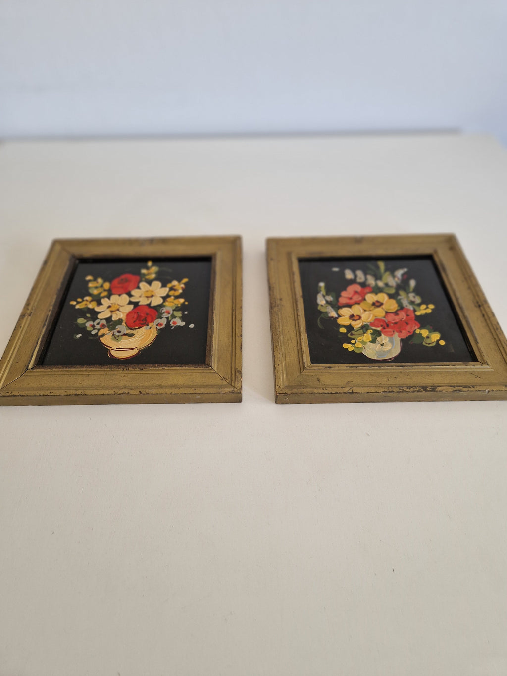 Charming Hand-Painted Floral Art Pair in Elegant Gold-Tone Frames