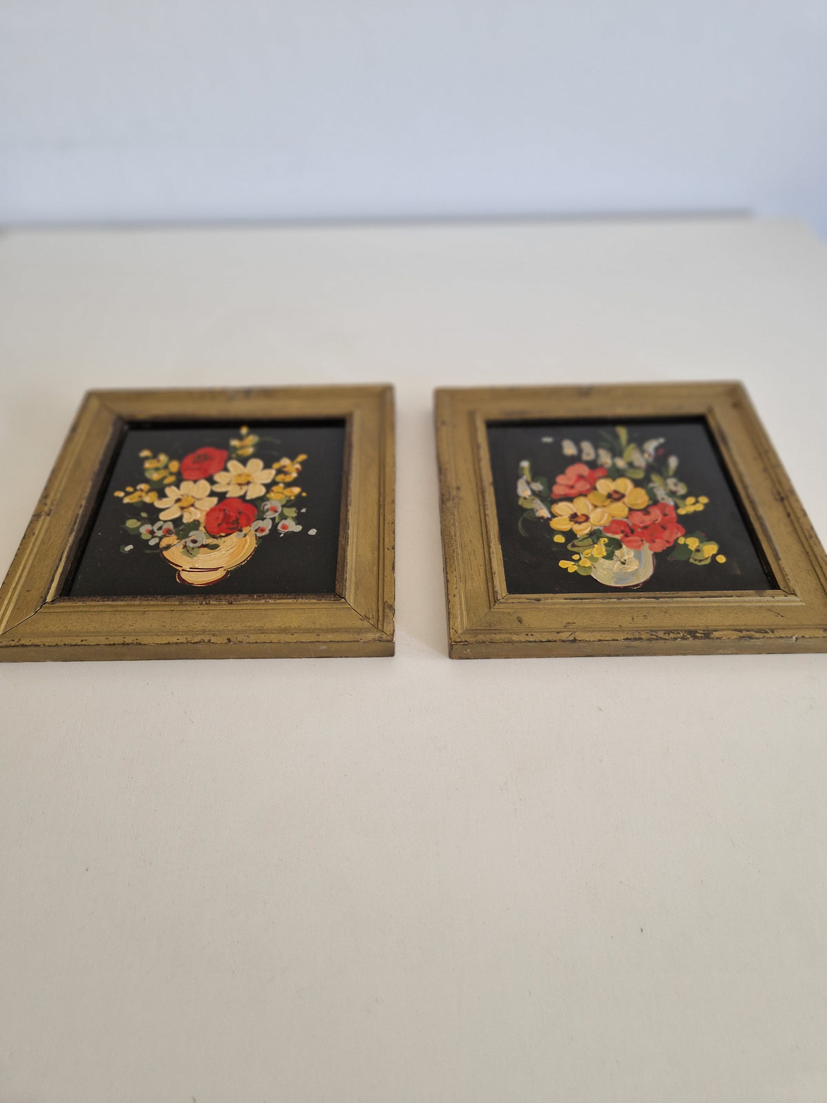 Charming Hand-Painted Floral Art Pair in Elegant Gold-Tone Frames