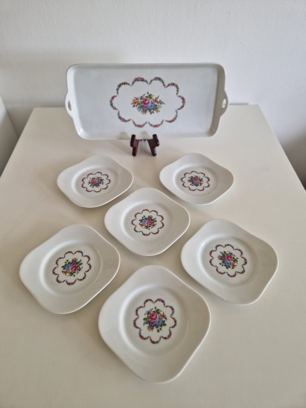 Vintage Porcelain Dessert Set – Tirschenreuth 1838 Germany, 6 Plates & Serving Tray, Floral Motif - WhisperTreasuresCo