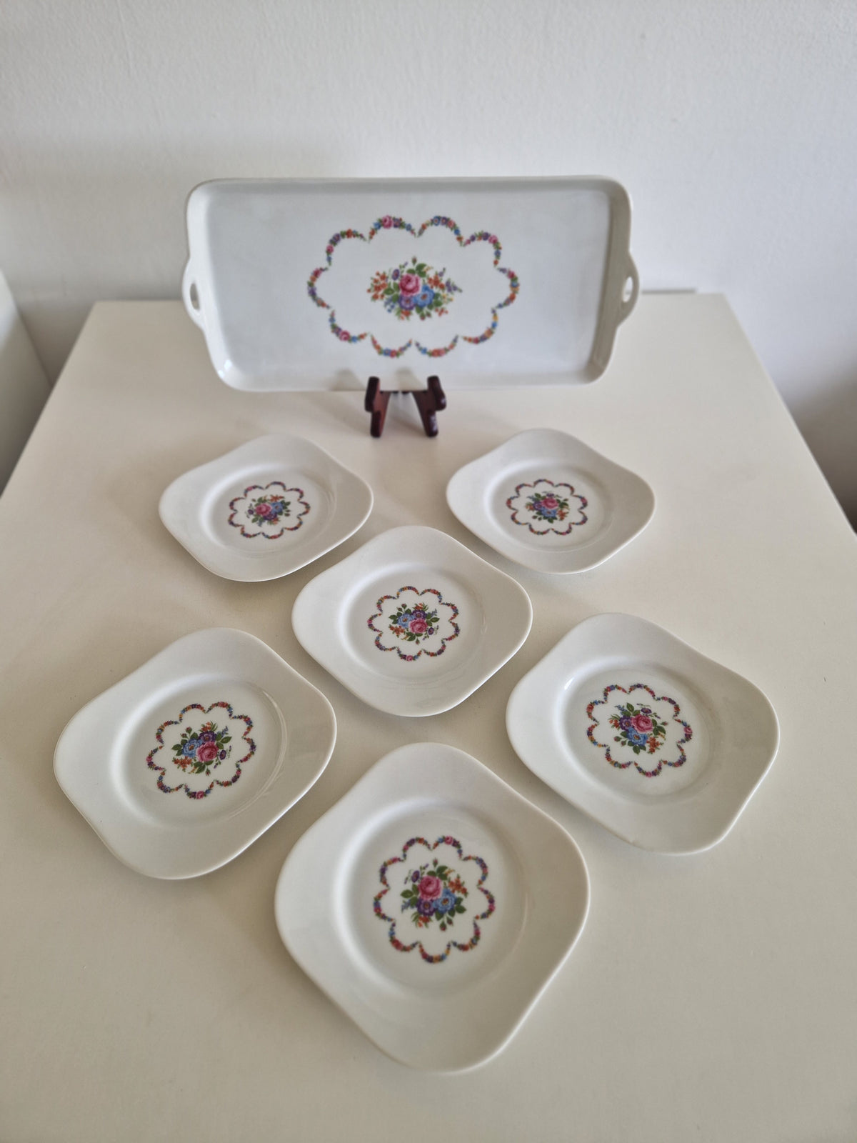 Vintage Porcelain Dessert Set – Tirschenreuth 1838 Germany, 6 Plates & Serving Tray, Floral Motif - WhisperTreasuresCo