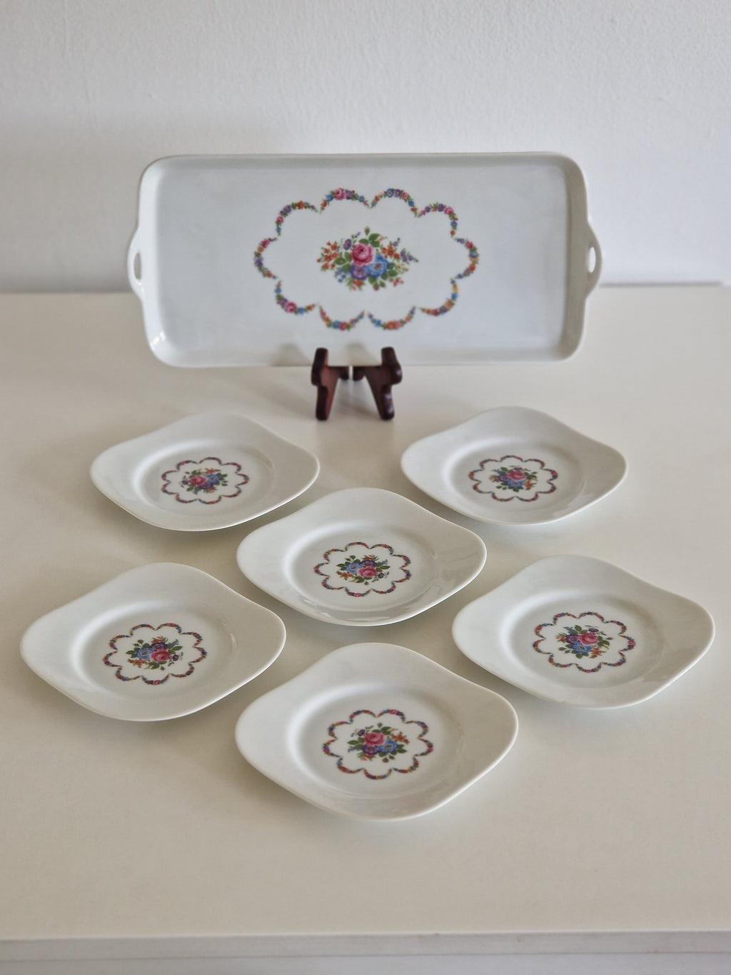 Vintage Porcelain Dessert Set – Tirschenreuth 1838 Germany, 6 Plates & Serving Tray, Floral Motif - WhisperTreasuresCo