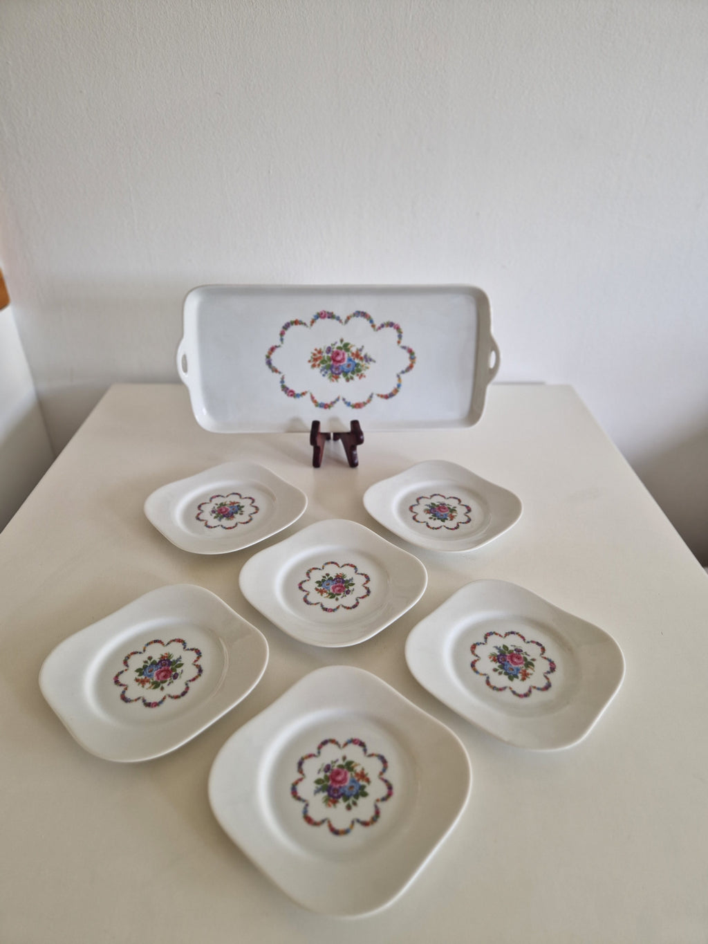 Vintage Porcelain Dessert Set – Tirschenreuth 1838 Germany, 6 Plates & Serving Tray, Floral Motif - WhisperTreasuresCo