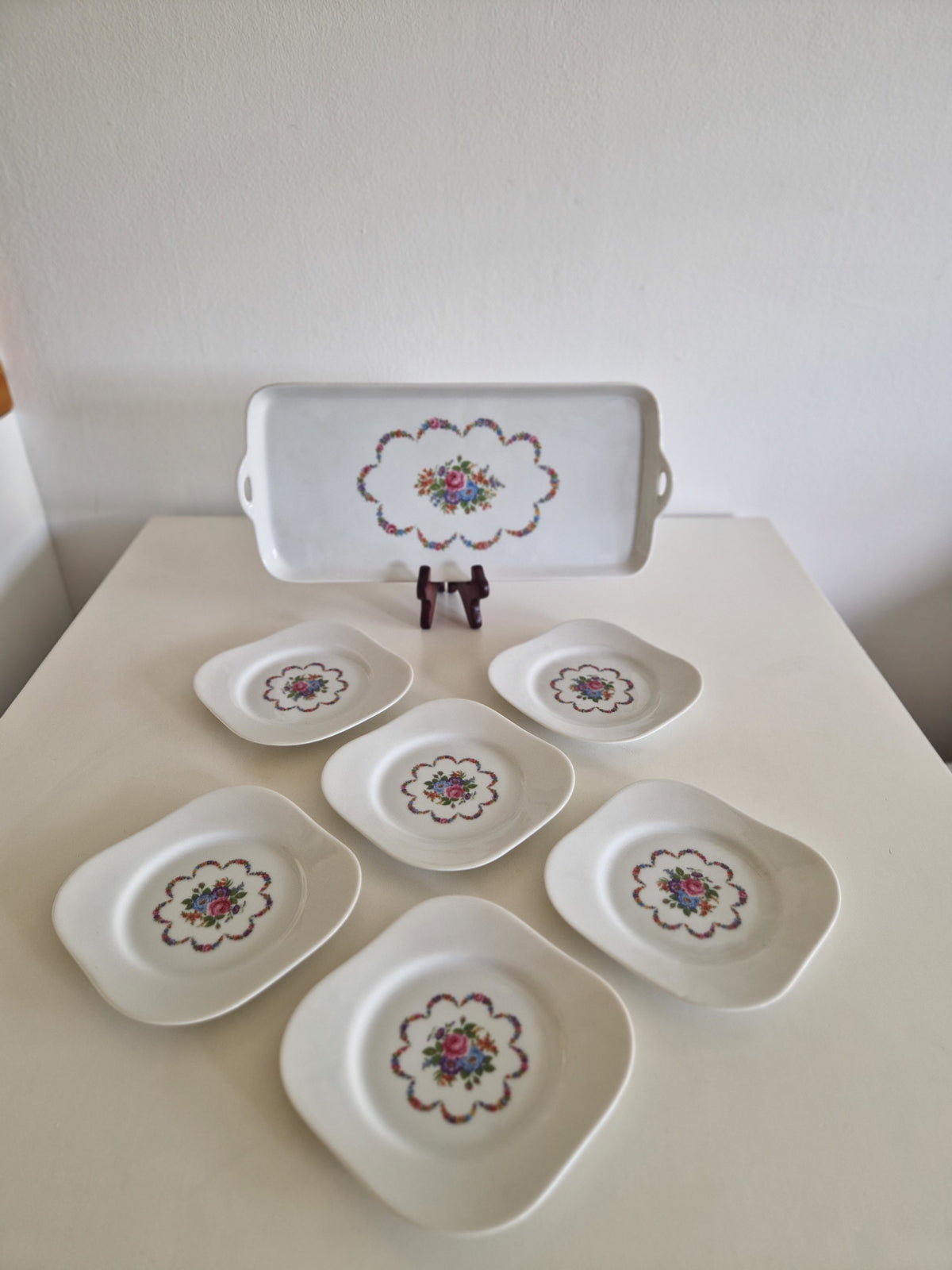 Vintage Porcelain Dessert Set – Tirschenreuth 1838 Germany, 6 Plates & Serving Tray, Floral Motif - WhisperTreasuresCo