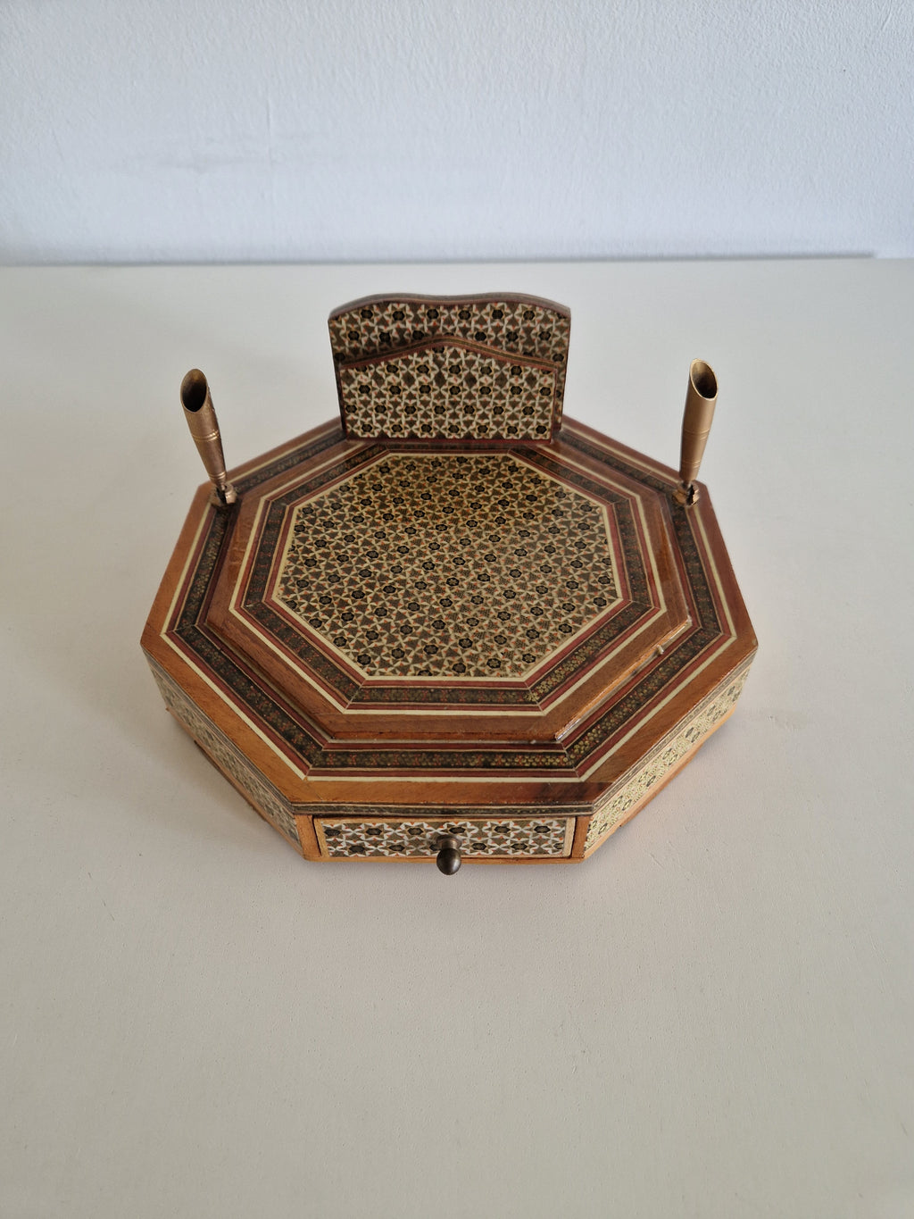 Antique Persian Khatam Marquetry Desk Box – Octagonal Inlay Writing Set with Pen Holders & Drawer, 21 cm - WhisperTreasuresCo