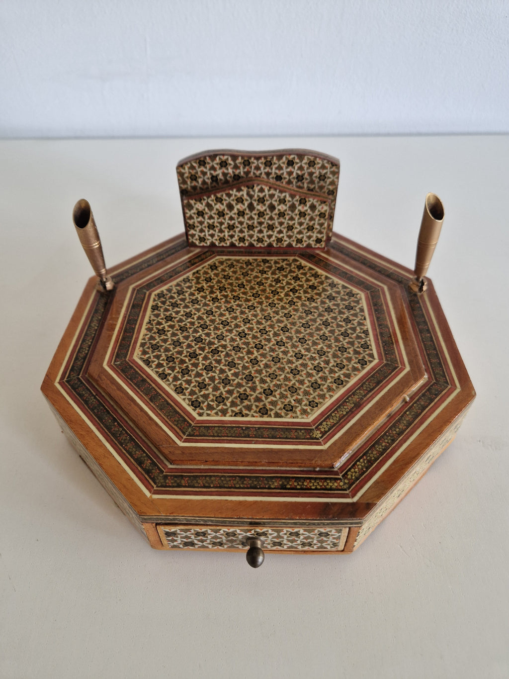 Antique Persian Khatam Marquetry Desk Box – Octagonal Inlay Writing Set with Pen Holders & Drawer, 21 cm - WhisperTreasuresCo