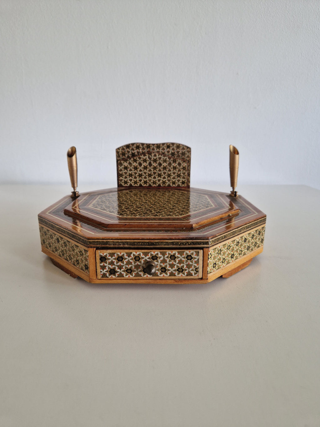 Antique Persian Khatam Marquetry Desk Box – Octagonal Inlay Writing Set with Pen Holders & Drawer, 21 cm - WhisperTreasuresCo