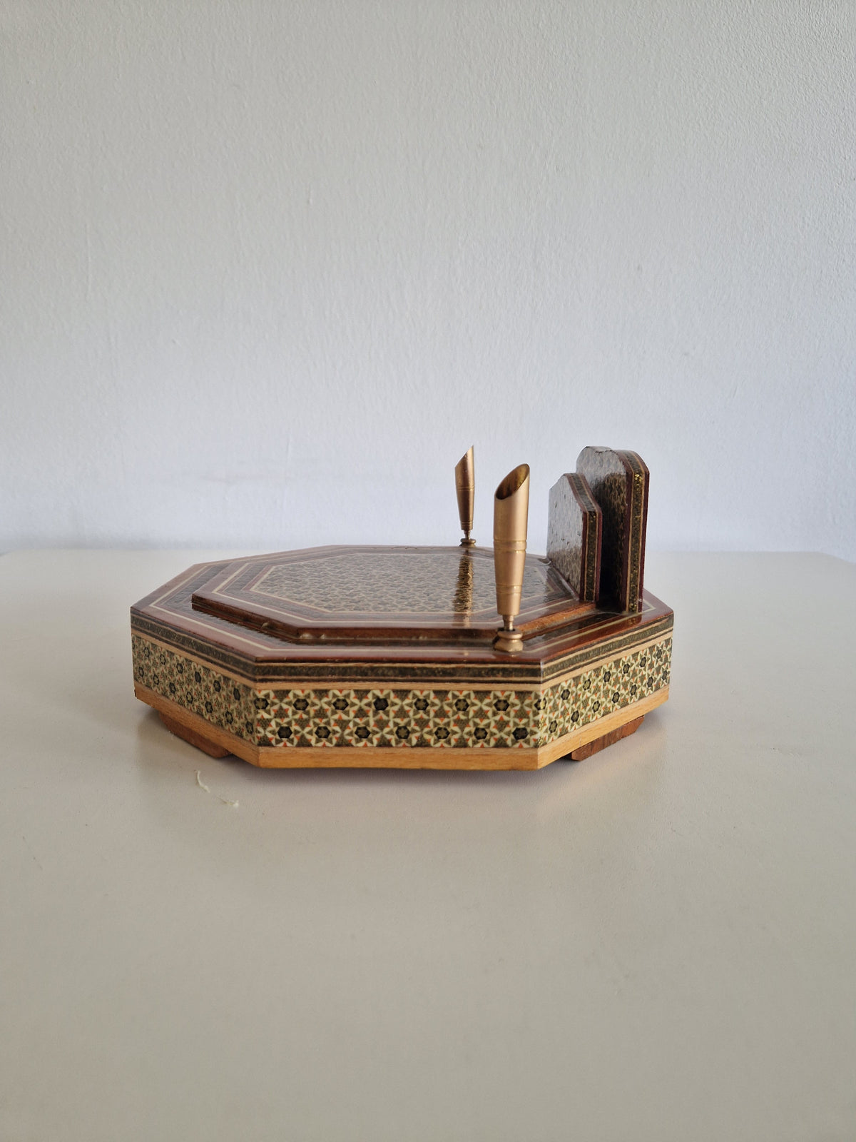Antique Persian Khatam Marquetry Desk Box – Octagonal Inlay Writing Set with Pen Holders & Drawer, 21 cm - WhisperTreasuresCo