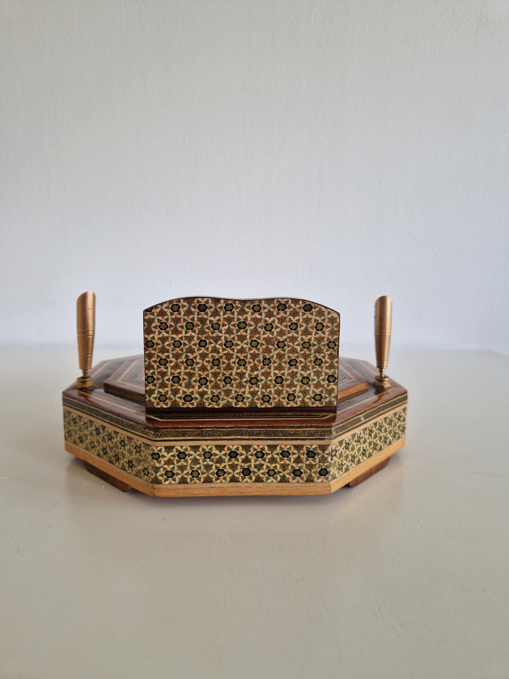 Antique Persian Khatam Marquetry Desk Box – Octagonal Inlay Writing Set with Pen Holders & Drawer, 21 cm - WhisperTreasuresCo