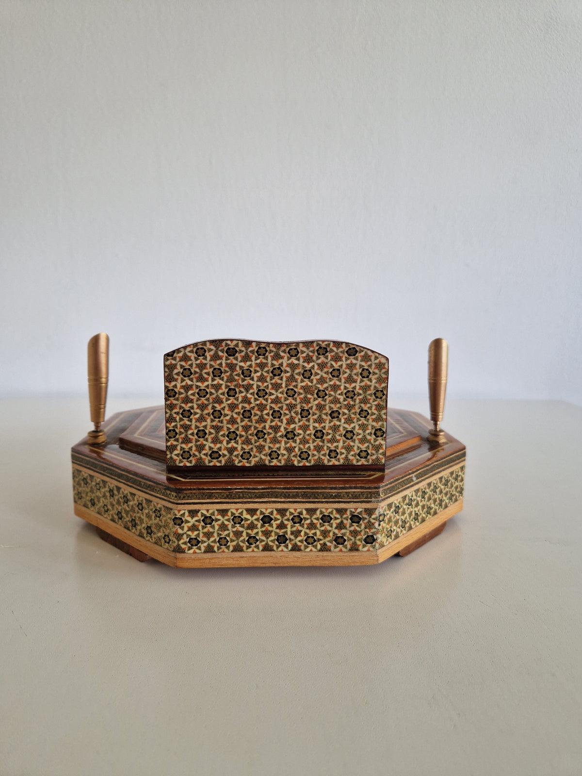 Antique Persian Khatam Marquetry Desk Box – Octagonal Inlay Writing Set with Pen Holders & Drawer, 21 cm - WhisperTreasuresCo