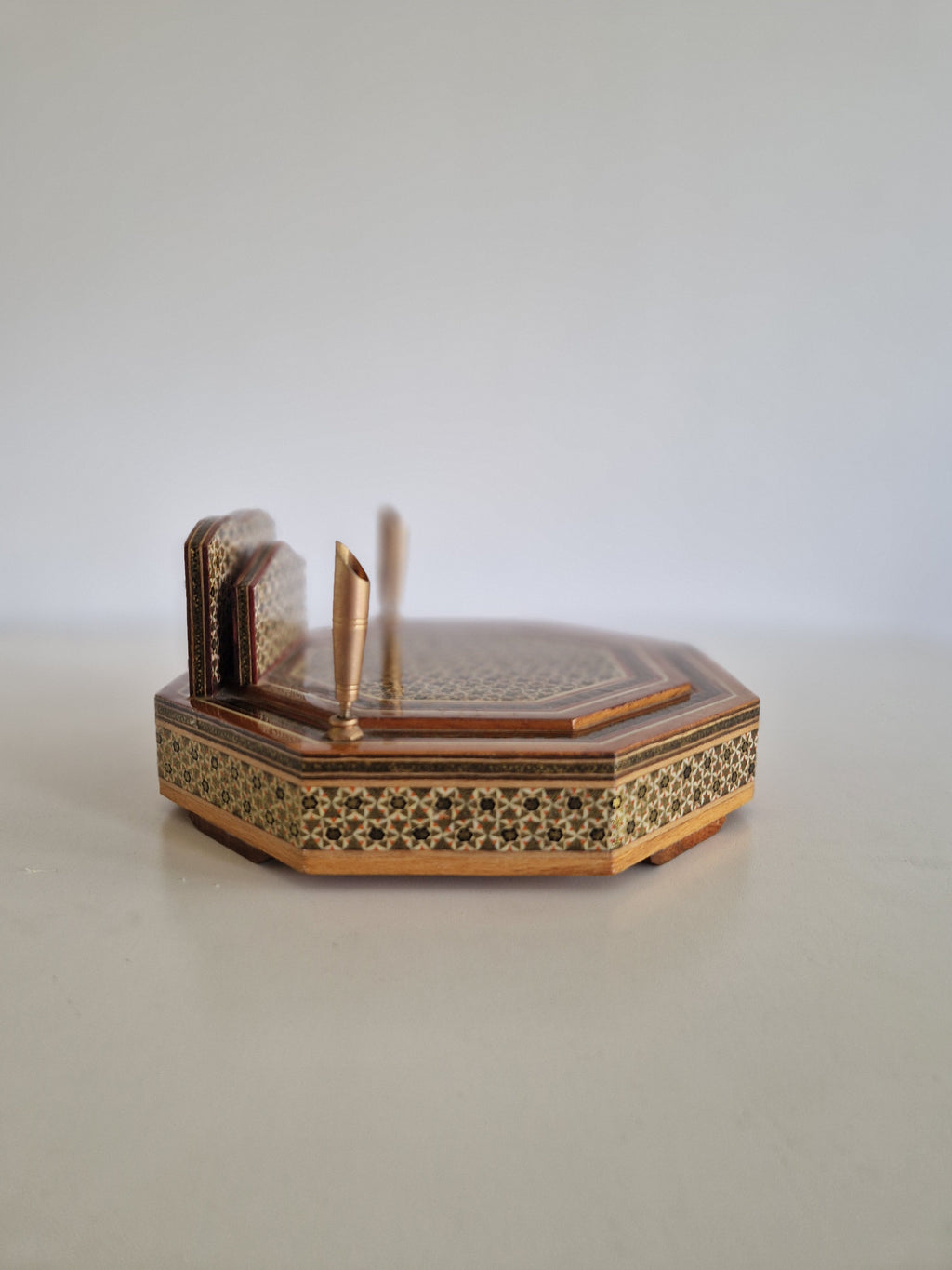 Antique Persian Khatam octagonal desk box front view with pen holders and letter holder