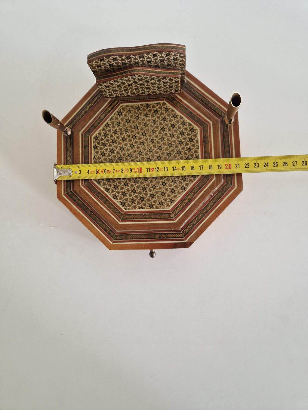 Antique Persian Khatam Marquetry Desk Box – Octagonal Inlay Writing Set with Pen Holders & Drawer, 21 cm - WhisperTreasuresCo