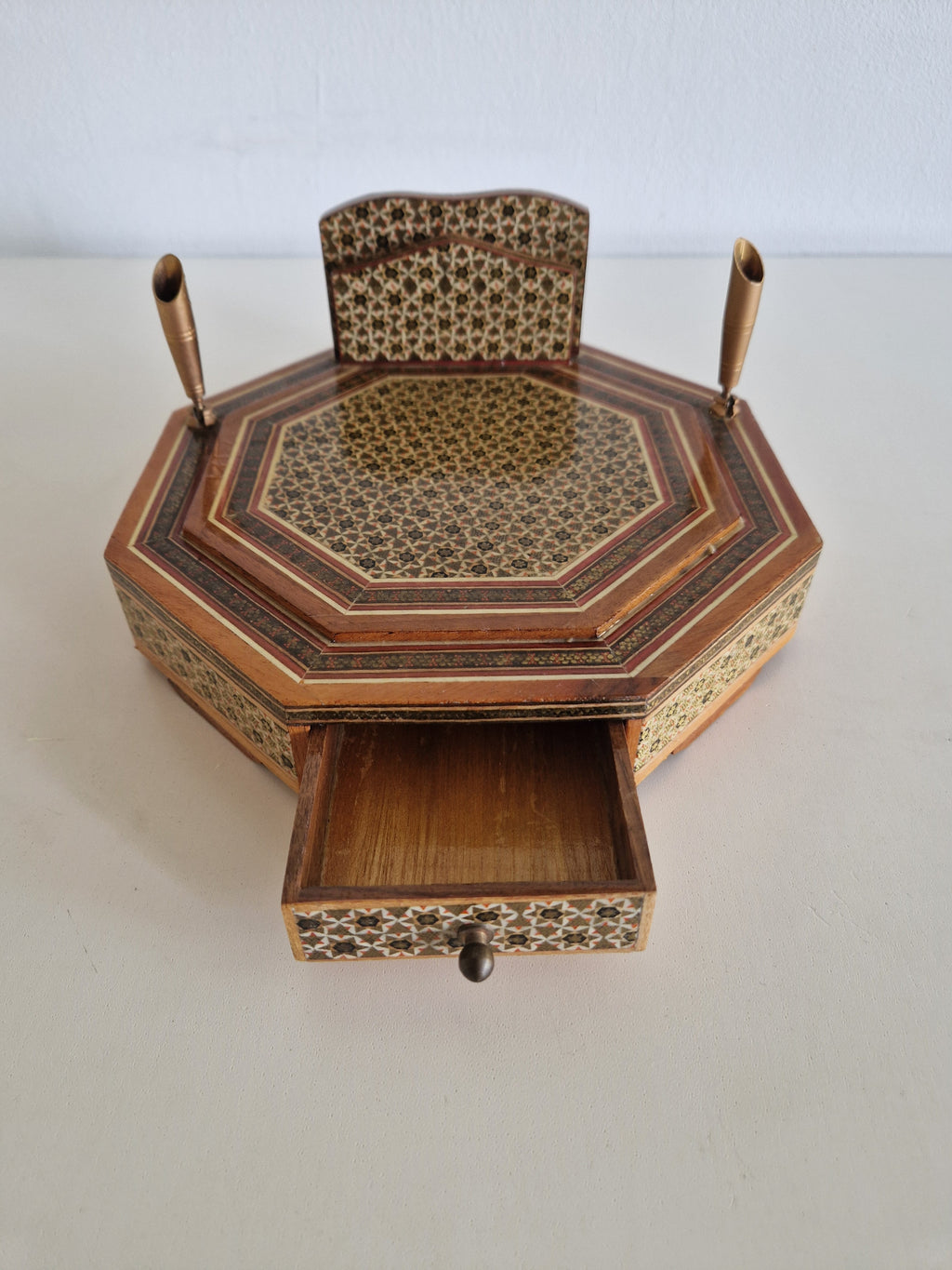 Antique Persian Khatam Marquetry Desk Box – Octagonal Inlay Writing Set with Pen Holders & Drawer, 21 cm - WhisperTreasuresCo