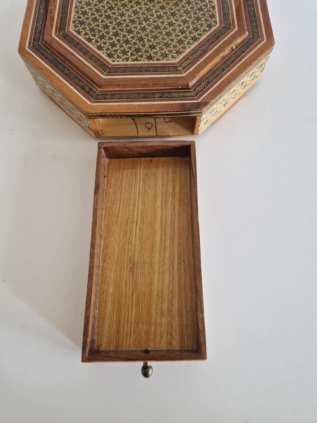 Antique Persian Khatam Marquetry Desk Box – Octagonal Inlay Writing Set with Pen Holders & Drawer, 21 cm - WhisperTreasuresCo