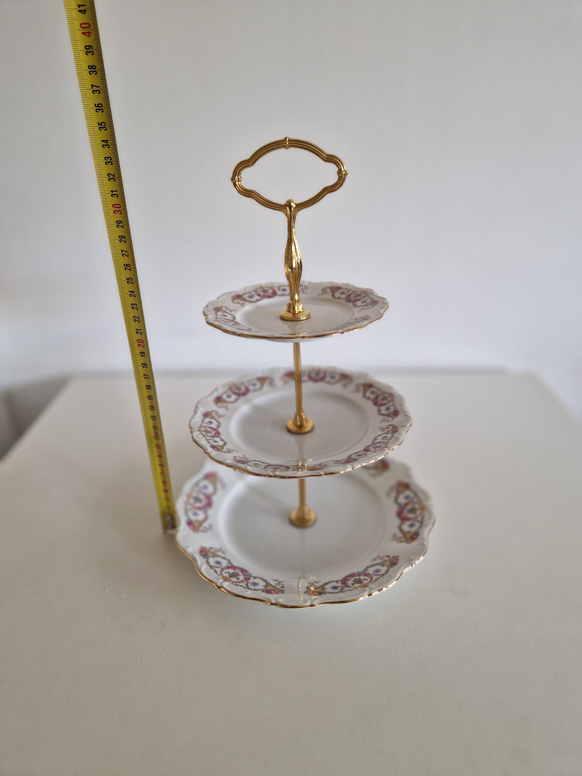 Vintage Porcelain 3-Tier Cake Stand – Seltmann Weiden Bavaria, Floral Gold Rim, 40 cm, Excellent Condition - WhisperTreasuresCo