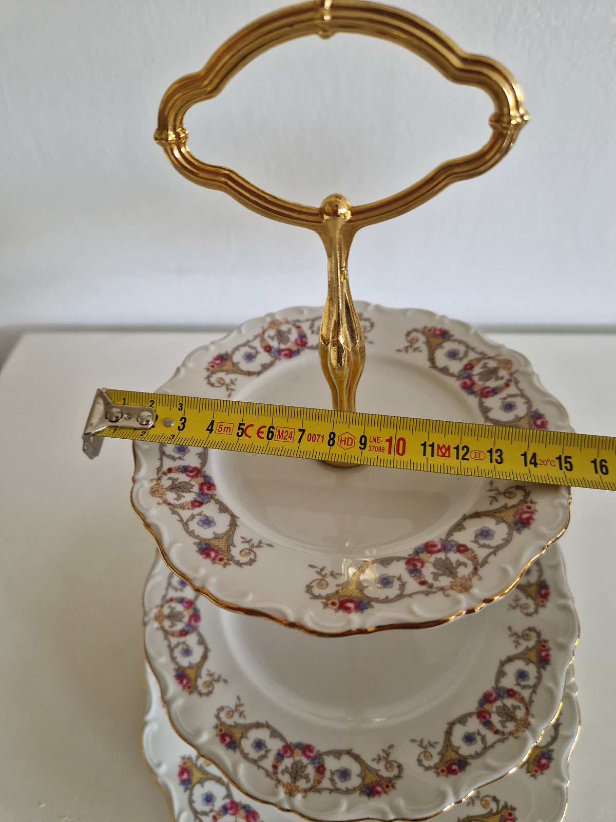 Vintage Porcelain 3-Tier Cake Stand – Seltmann Weiden Bavaria, Floral Gold Rim, 40 cm, Excellent Condition - WhisperTreasuresCo
