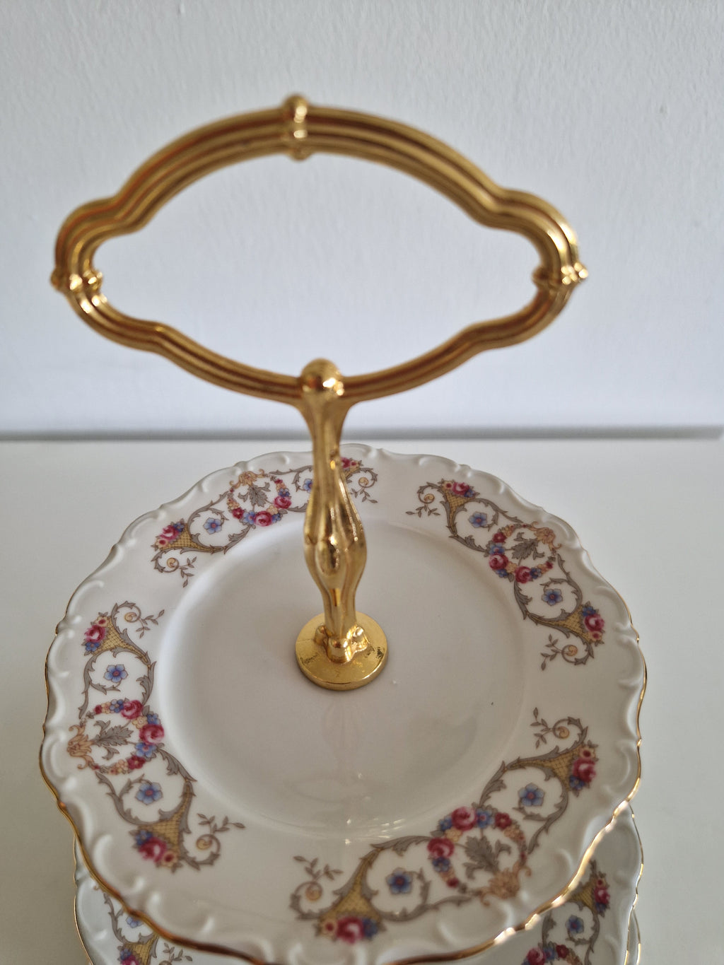 Vintage Porcelain 3-Tier Cake Stand – Seltmann Weiden Bavaria, Floral Gold Rim, 40 cm, Excellent Condition - WhisperTreasuresCo