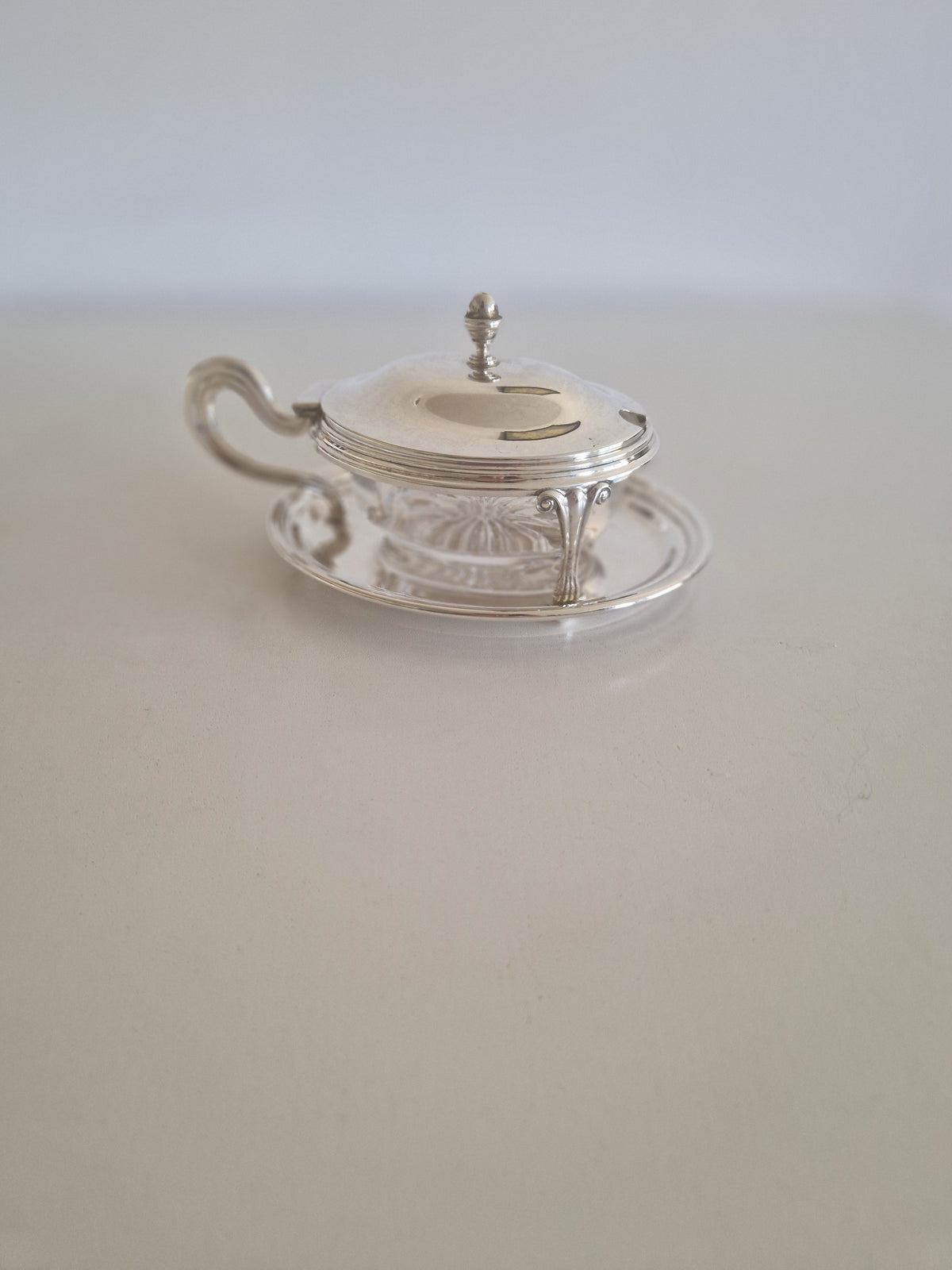 Antique French Belle Époque silver-plated mustard pot complete set full view