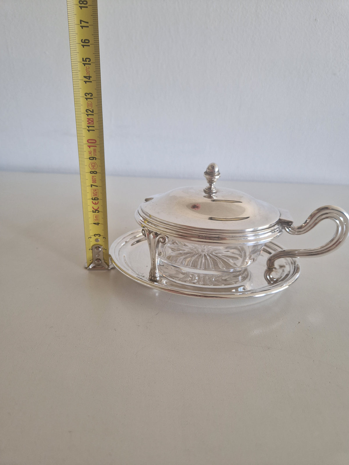 Antique French Silver-Plated Mustard Pot – Cut Crystal Insert, Acorn Finial, Scrolled Handle & Underplate, Belle Époque, 14 cm - WhisperTreasuresCo