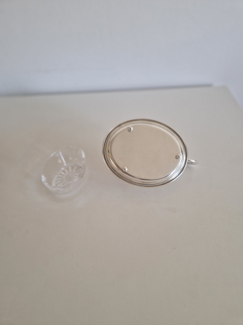Antique French silver mustard pot frame and cut crystal glass insert shown separately