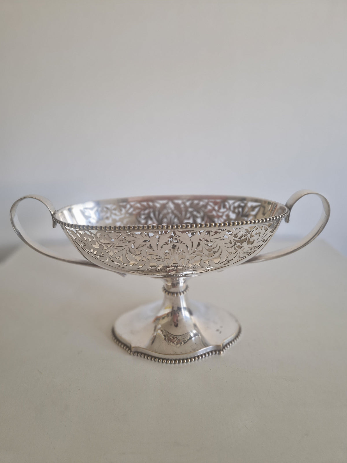 Antique Silver-Plated Pedestal Bon-Bon Bowl – Pierced Reticulated Acanthus, Twin Handles, Beaded Rim, 30 cm - WhisperTreasuresCo