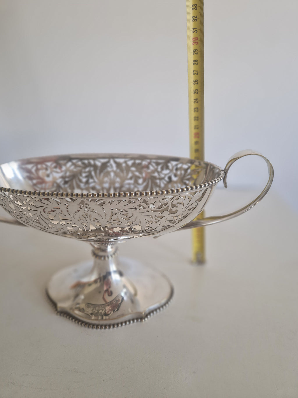 Antique Silver-Plated Pedestal Bon-Bon Bowl – Pierced Reticulated Acanthus, Twin Handles, Beaded Rim, 30 cm - WhisperTreasuresCo