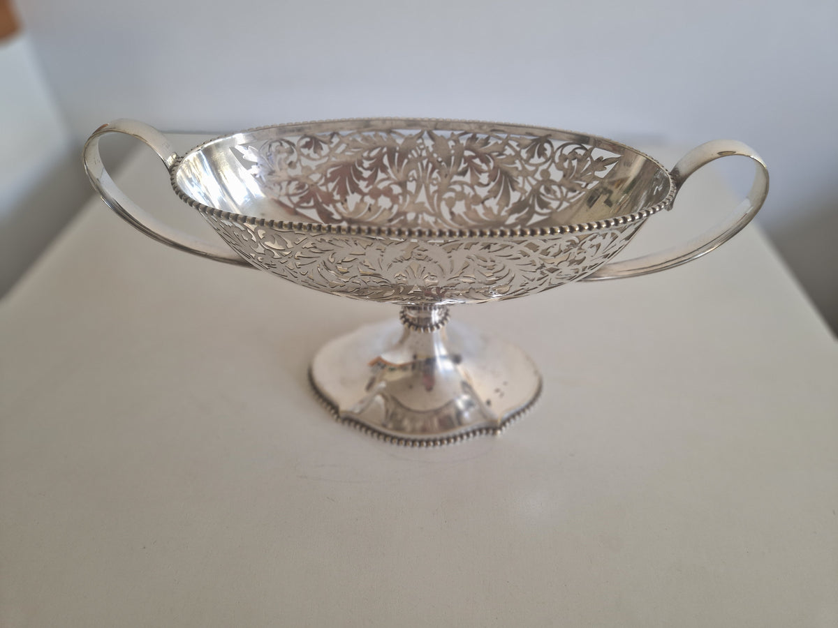 Antique Silver-Plated Pedestal Bon-Bon Bowl – Pierced Reticulated Acanthus, Twin Handles, Beaded Rim, 30 cm - WhisperTreasuresCo