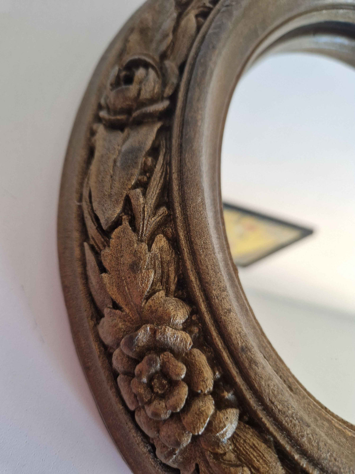 Charming Vintage Oval Wall Mirror with Hand-Carved Wooden Frame and Floral Motif